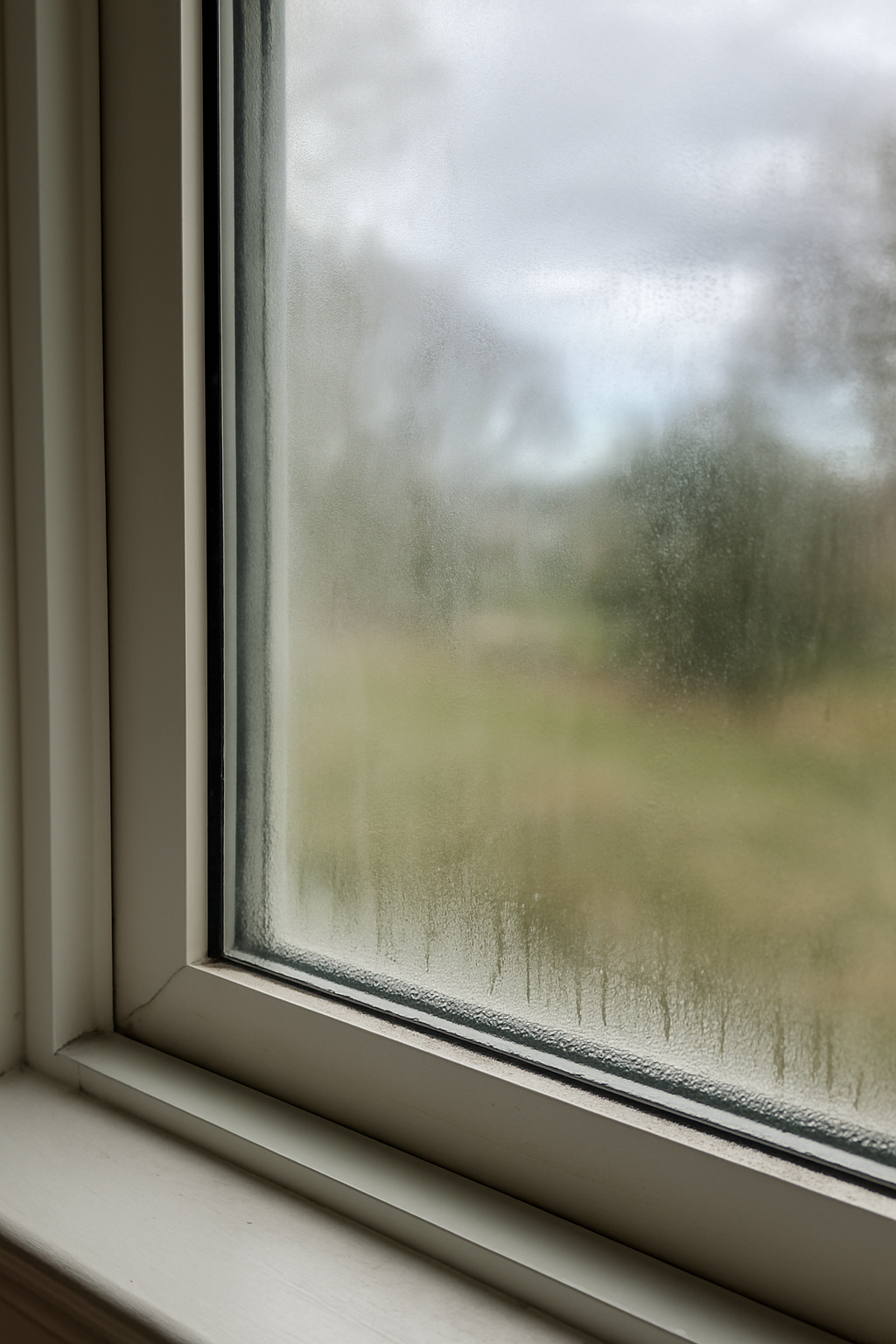 A double-pane window with condensation fogging the space between the panes — a failed seal, not a dirty window.
