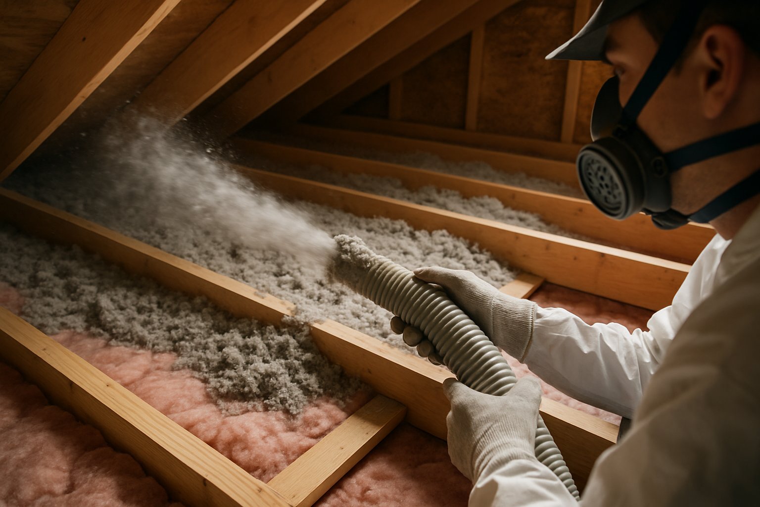 A homeowner in safety gear blowing loose-fill cellulose insulation across attic joists.