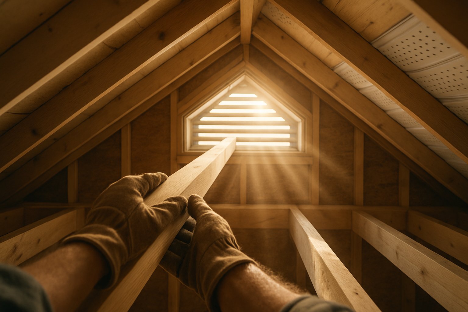 Sunlight streaming through a gable vent into an attic with continuous soffit vents along the eaves.