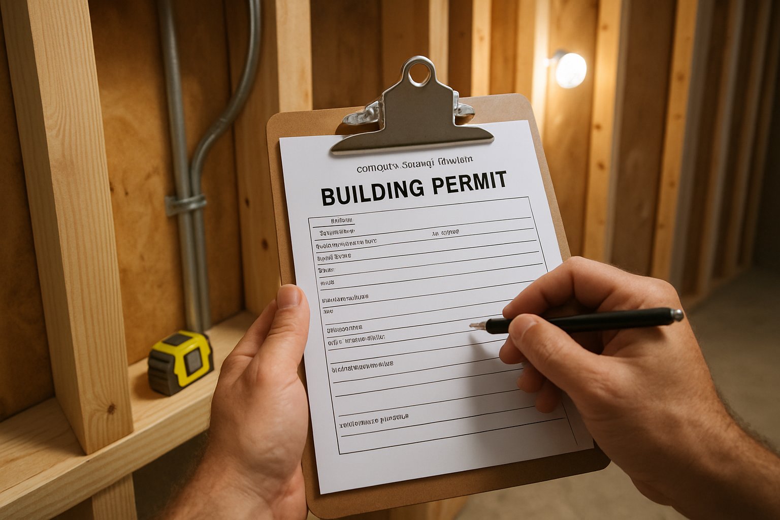 A clipboard with a building permit form on a framed basement stud wall, with electrical conduit in the background.