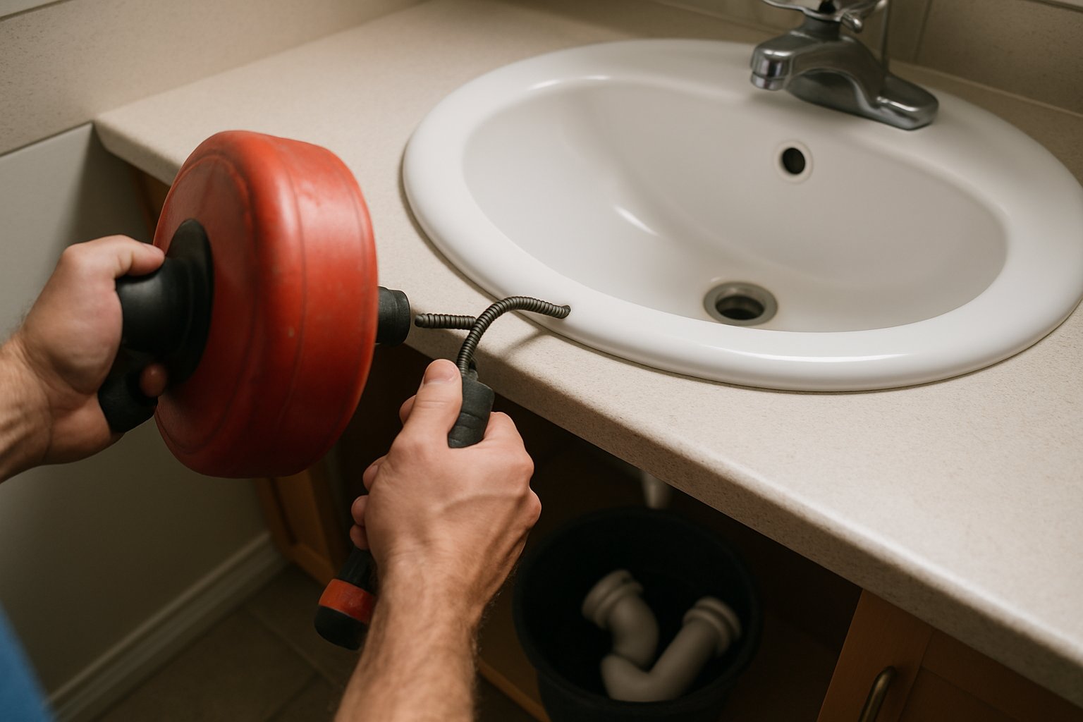 A drain snake being fed into a bathroom sink drain with the P-trap removed in a bucket below.