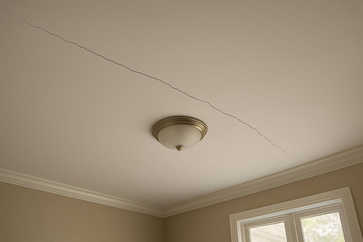 A thin crack running across a living-room ceiling — alarming to look at, but usually the drywall, not the structure.