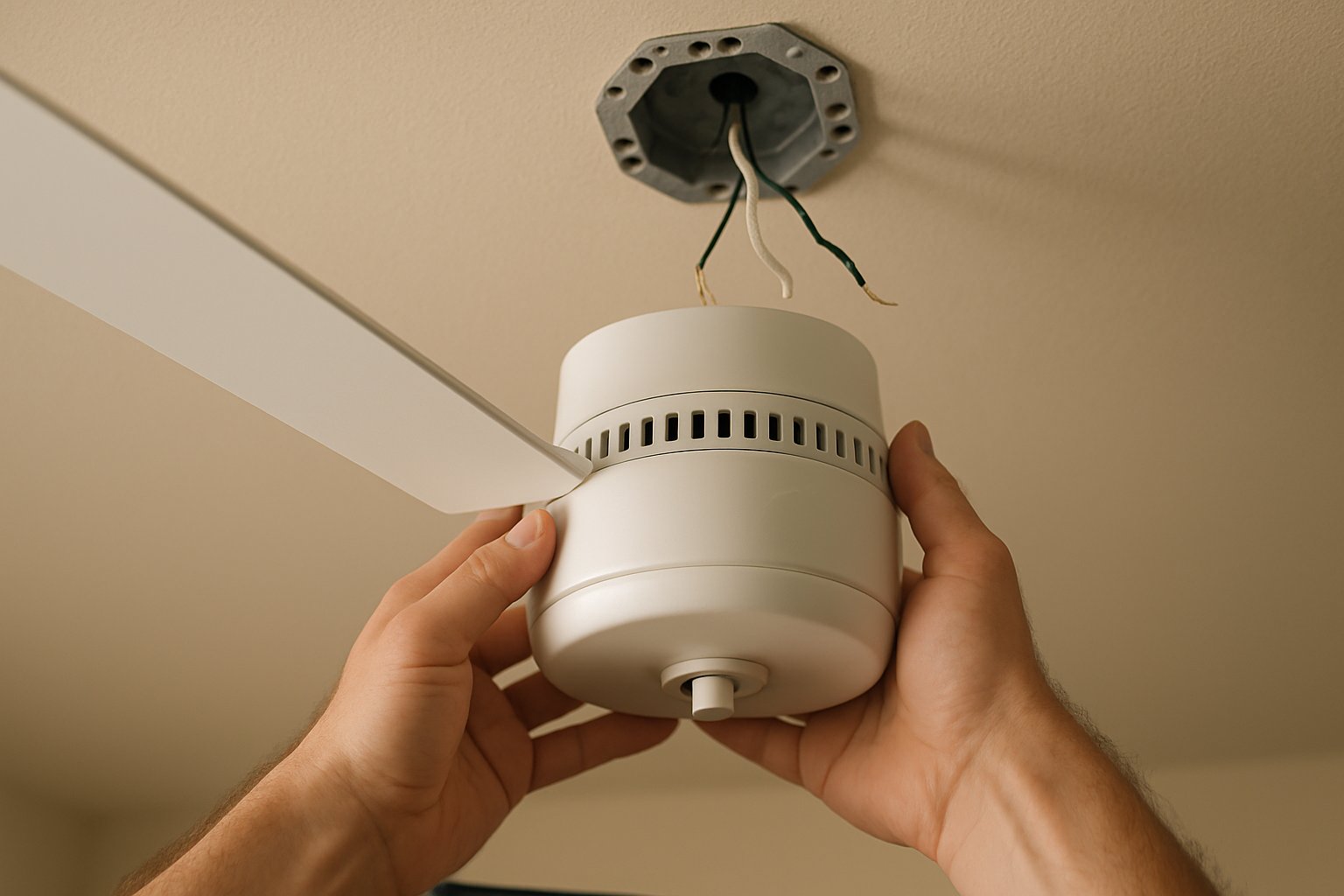 A ceiling fan motor housing being lifted toward an upgraded fan-rated electrical box, viewed from a step ladder.
