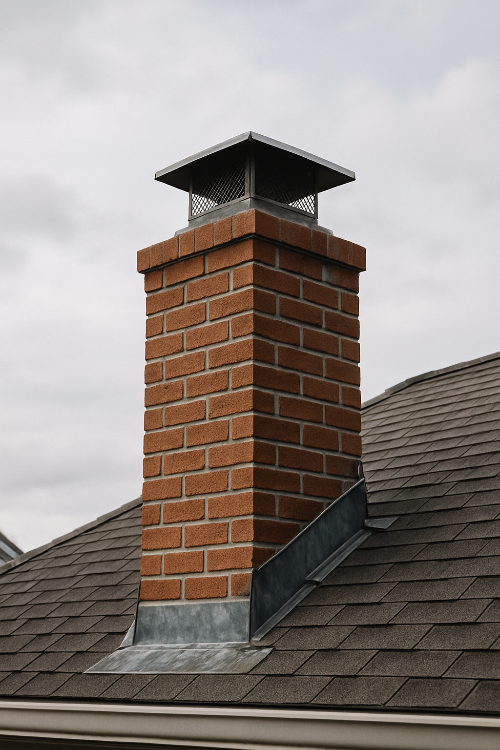 A residential chimney cap and roof flashing — the two most common (and cheapest) sources of a chimney leak.
