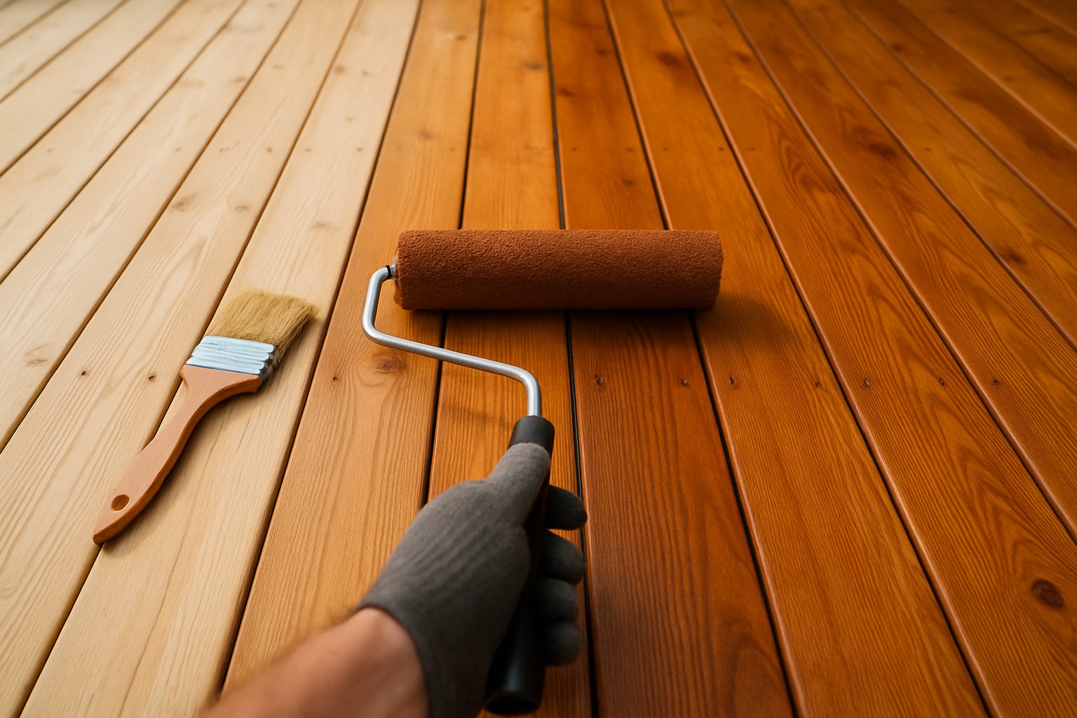A homeowner staining a freshly cleaned wood deck with a roller, with the new finish visibly darker than untreated boards.