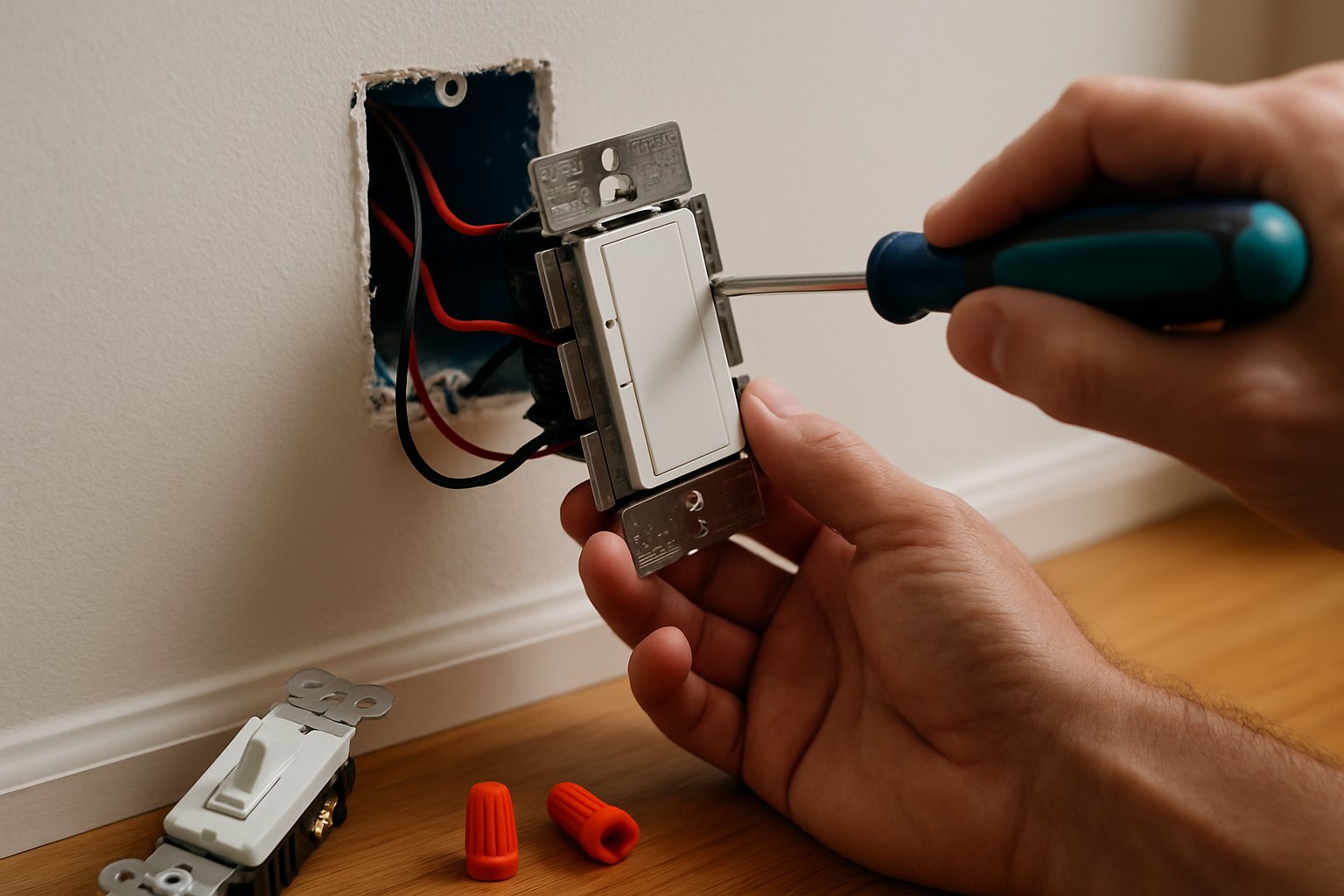 A Lutron Caseta dimmer switch being wired into a wall box, replacing a standard toggle switch.