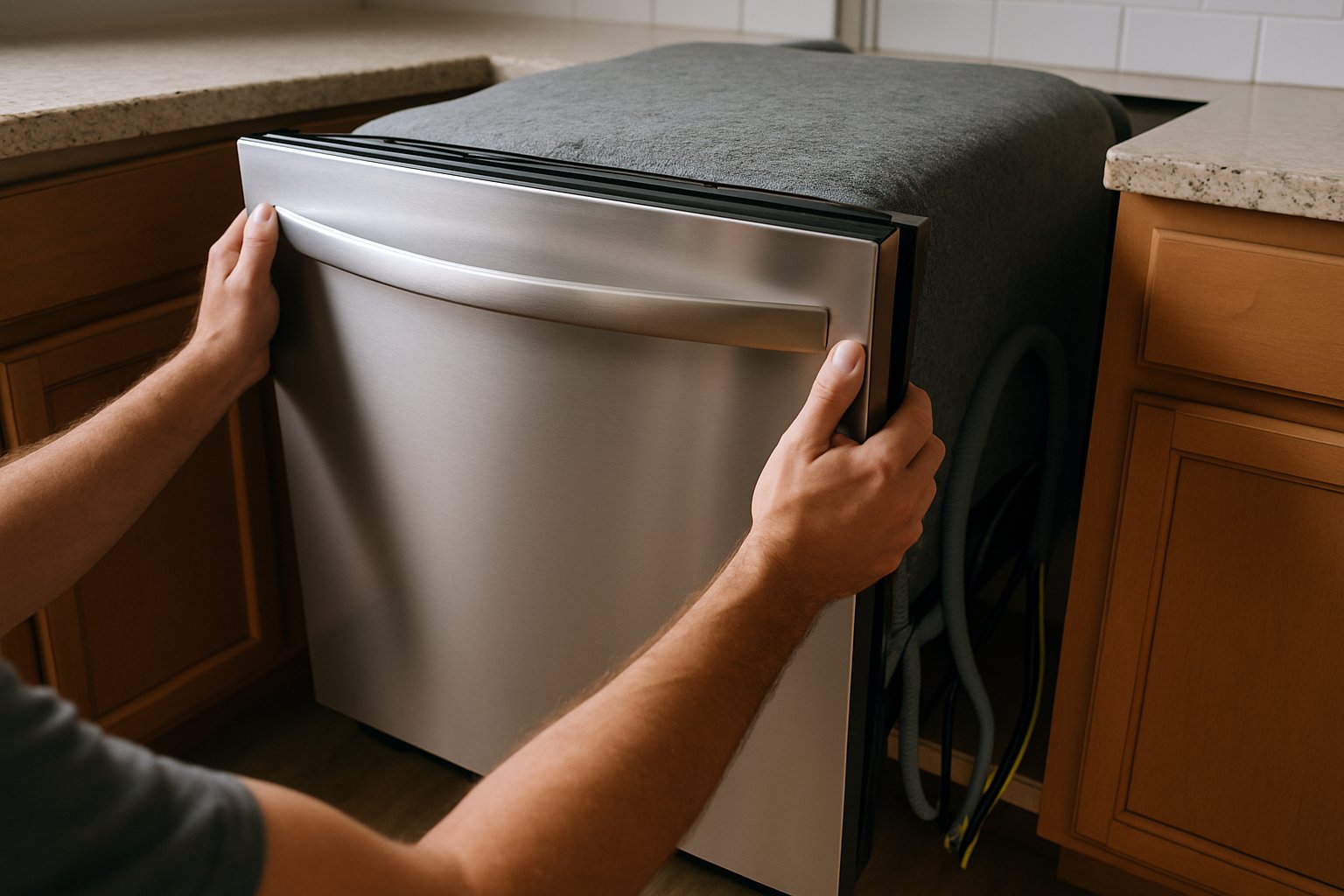 A new stainless steel dishwasher being slid into a kitchen cabinet with supply, drain, and electrical visible.