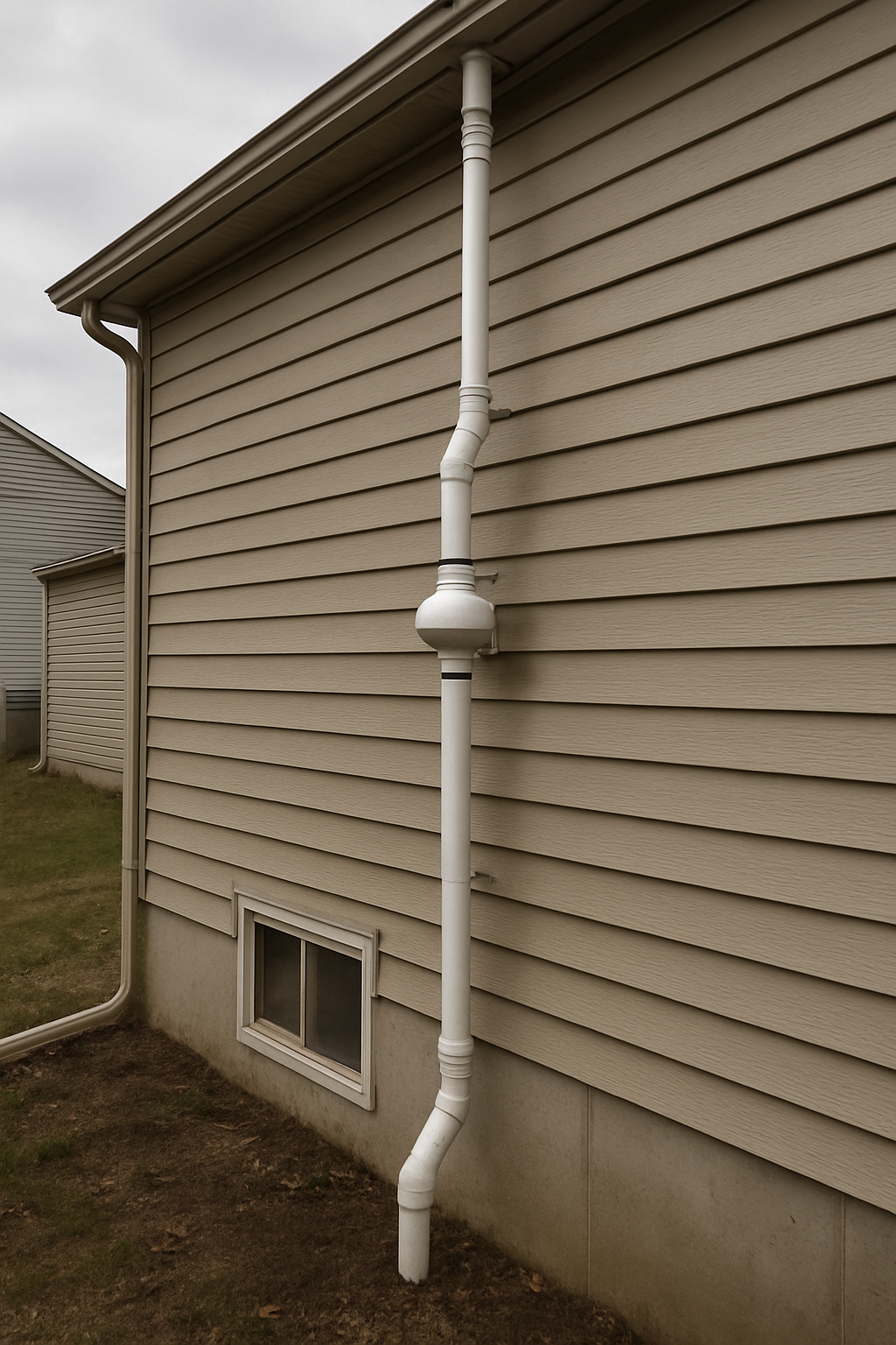 A radon mitigation system's white PVC pipe and fan running up the outside of a house — sometimes necessary, often bought on the strength of one shaky test.