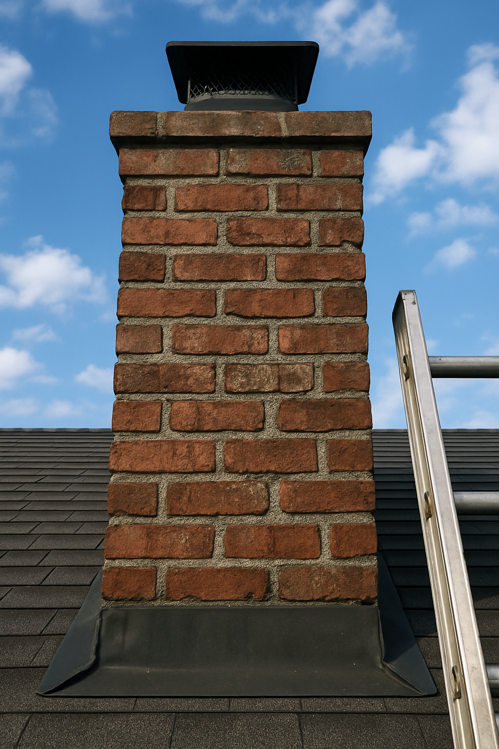 A brick chimney with crumbling mortar joints — usually the cheap fix, not a sign the whole chimney needs to come down.