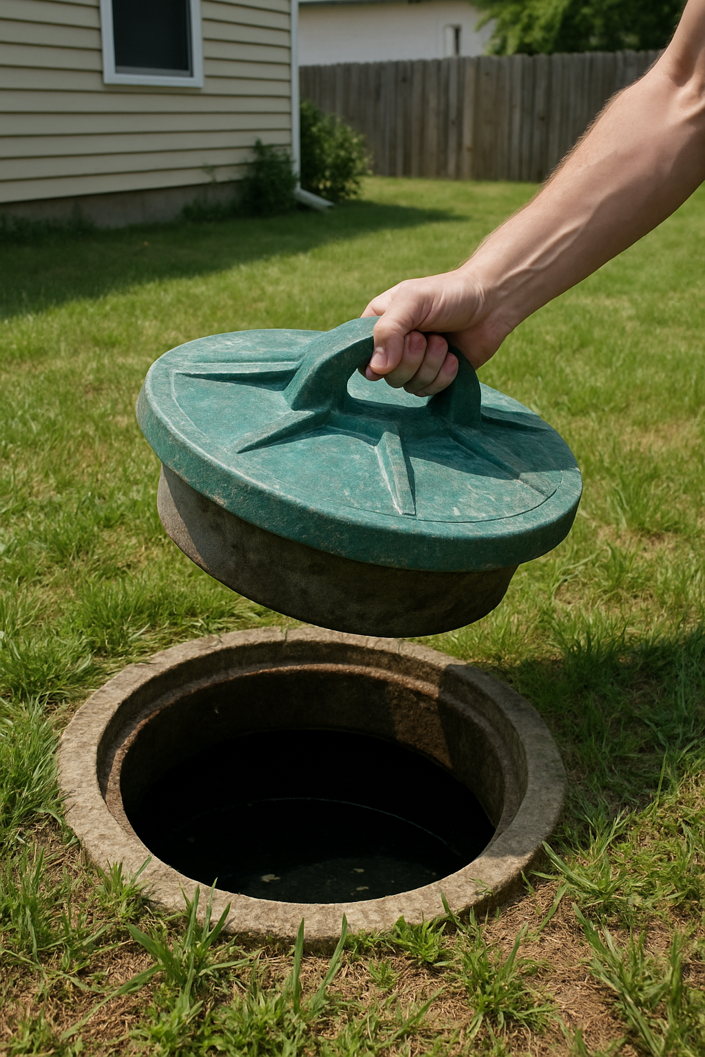 A septic tank access lid lifted in a yard — most drainage problems just mean it's time for routine pumping, not a full system replacement.