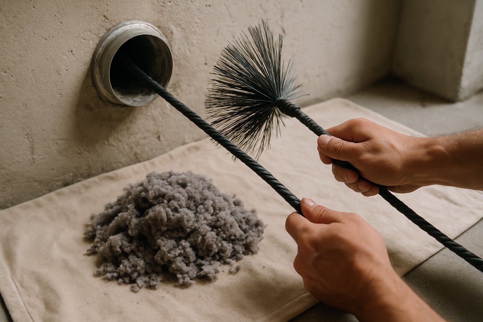 A flexible vent brush extended into a dryer exhaust duct with a pile of compacted lint pulled out onto a drop cloth.