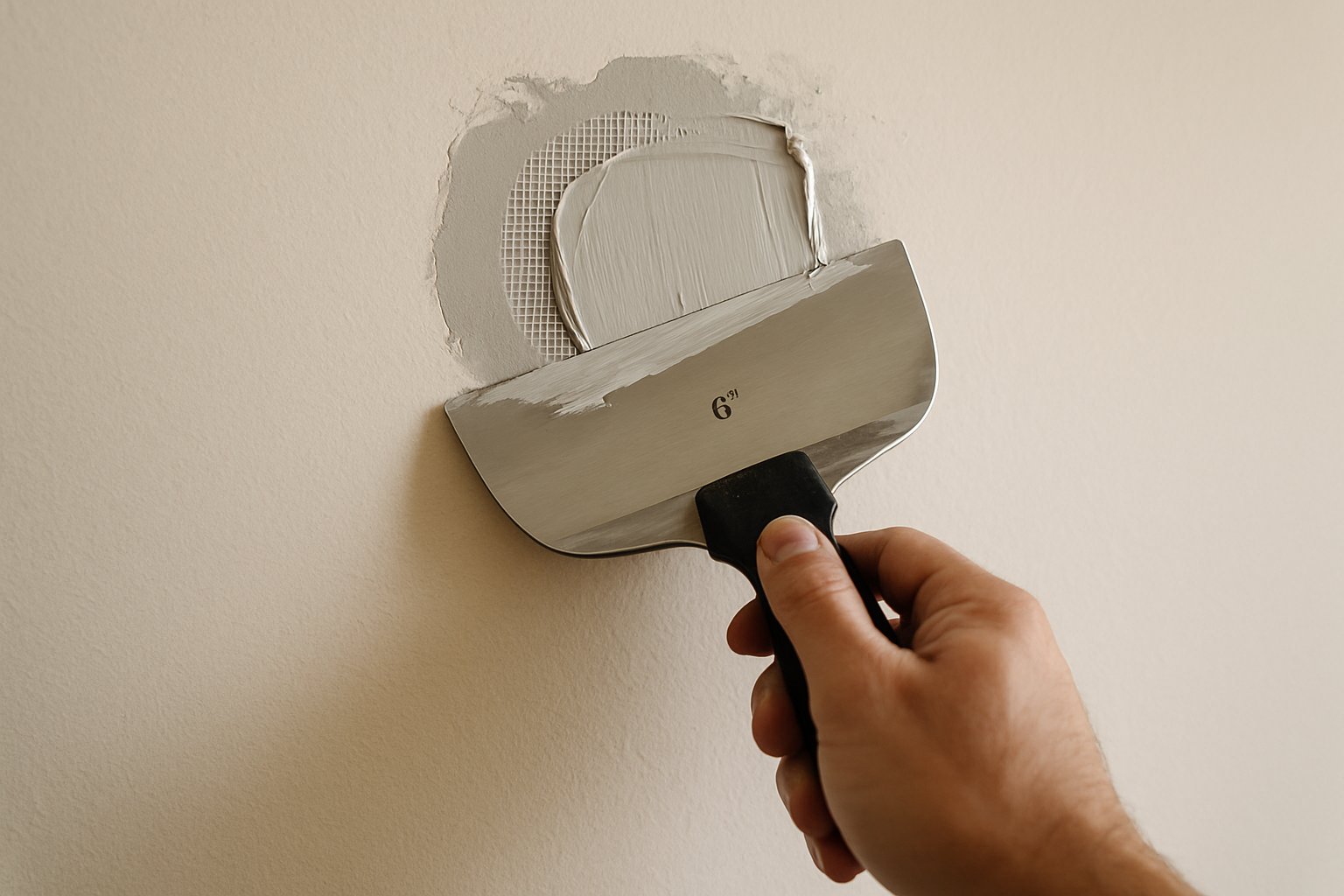 A drywall hole covered with mesh tape and joint compound being smoothed by a 6-inch knife.