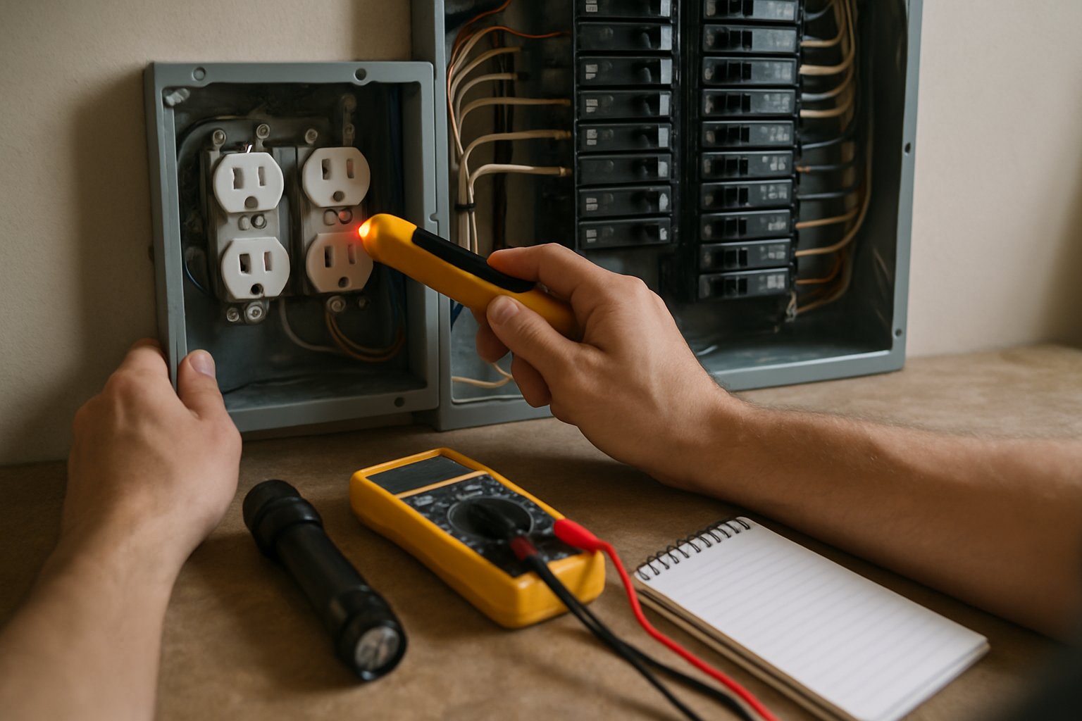 A homeowner using a non-contact voltage tester at an open electrical panel with a flashlight and multimeter nearby.