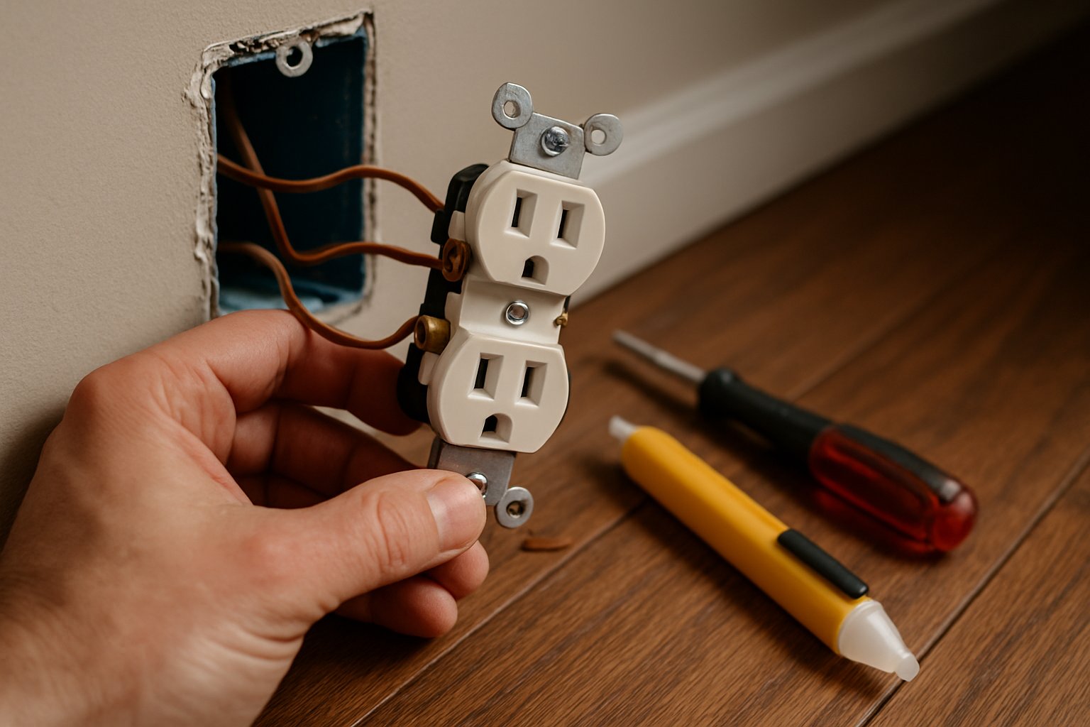 An electrical outlet pulled out of a wall box, wires on side screws, voltage tester and screwdriver on the floor below.