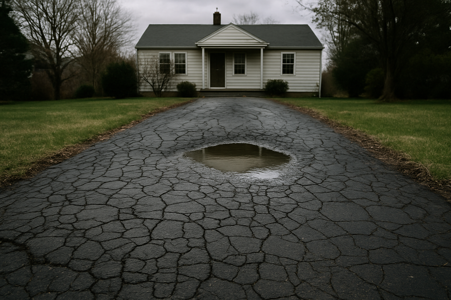 Residential asphalt driveway showing alligator cracking and a settled birdbath puddle from a recent rain — classic signs that the surface is failing.