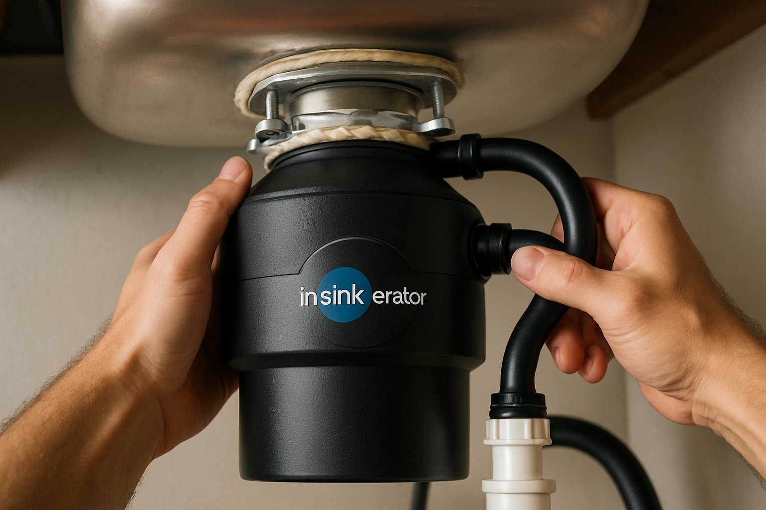 A garbage disposal mounted under a kitchen sink with dishwasher hose connected.