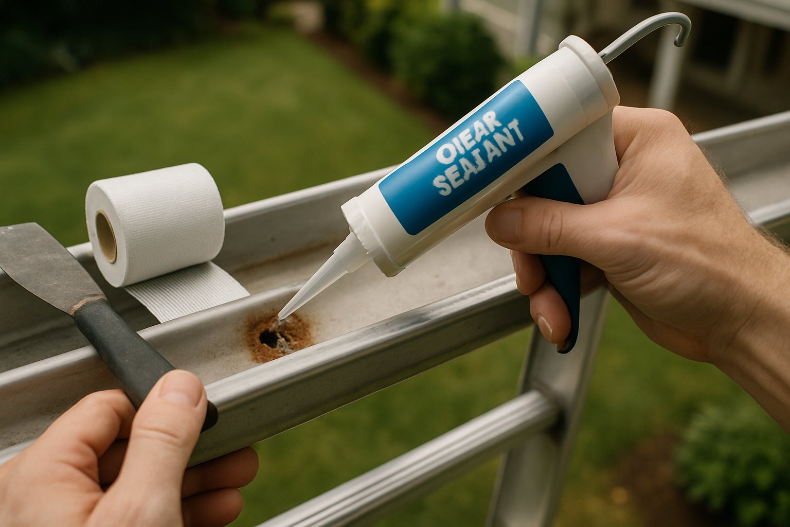 A homeowner applying gutter sealant to a hole in an aluminum gutter from inside, with patch fabric and putty knife nearby.