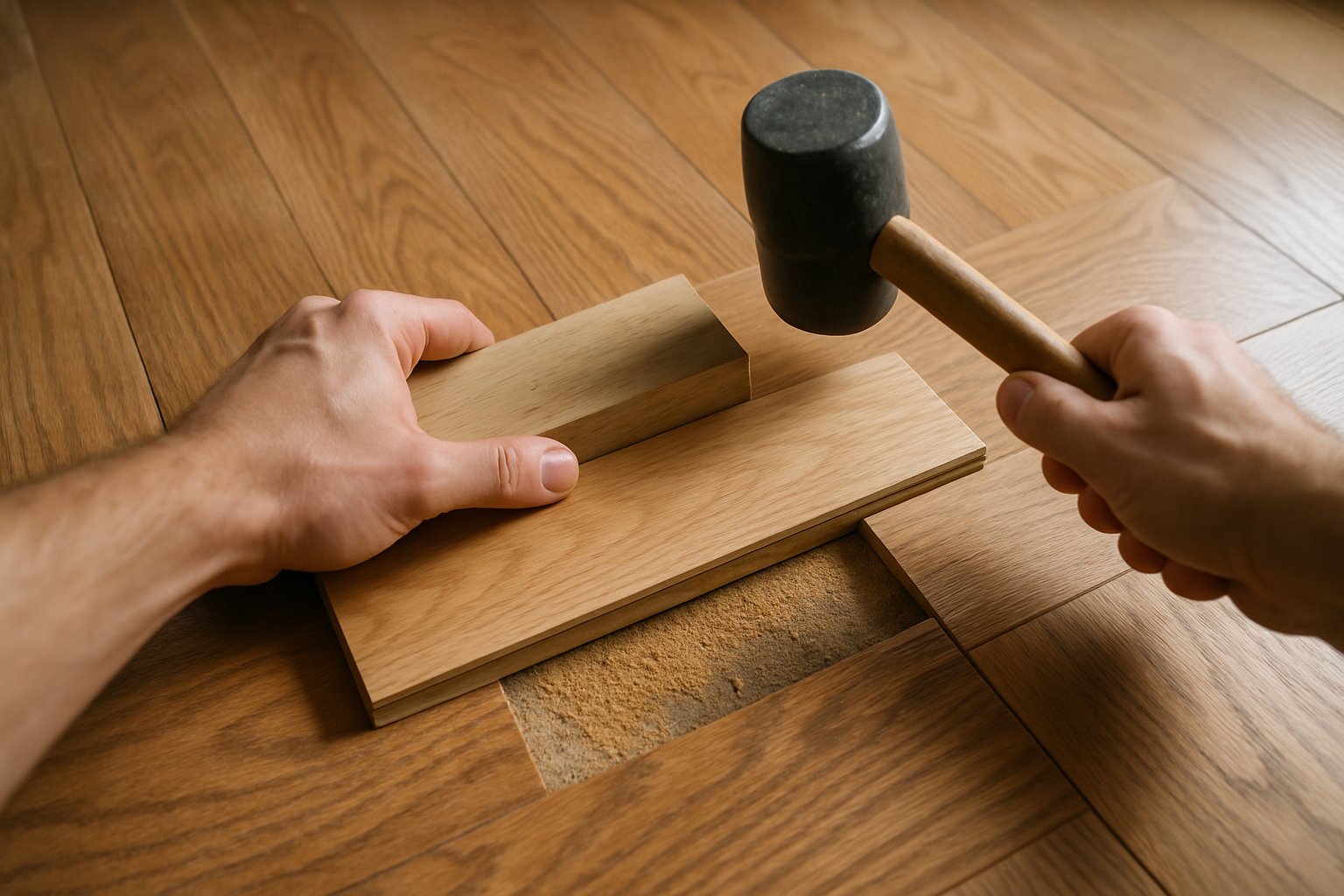 A new hardwood board being slid into place where a damaged section was removed, with a tapping block and rubber mallet.