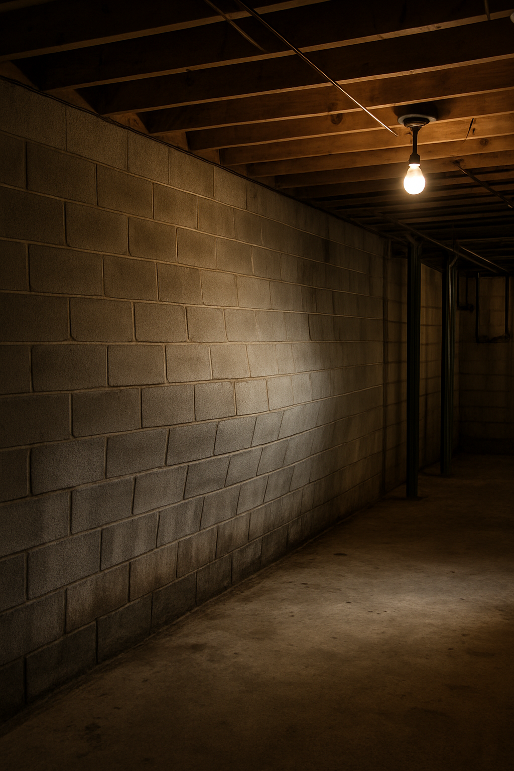 A basement concrete block foundation wall bowing inward — a sign of active soil or water pressure pushing on the wall from outside.