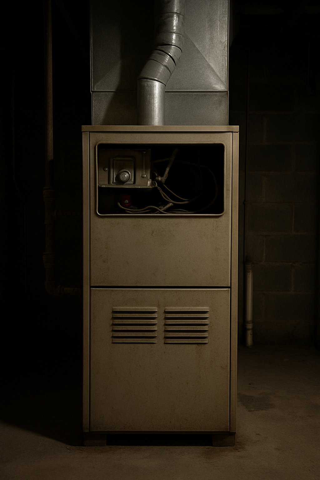 An older residential furnace in a basement utility room — most furnace failures are a single inexpensive part, not the whole unit.