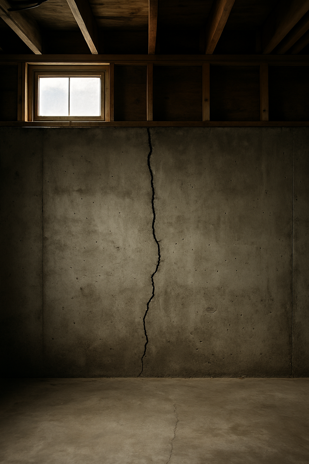 A crack in a poured-concrete basement wall — usually curing, occasionally a sign the wall is moving.