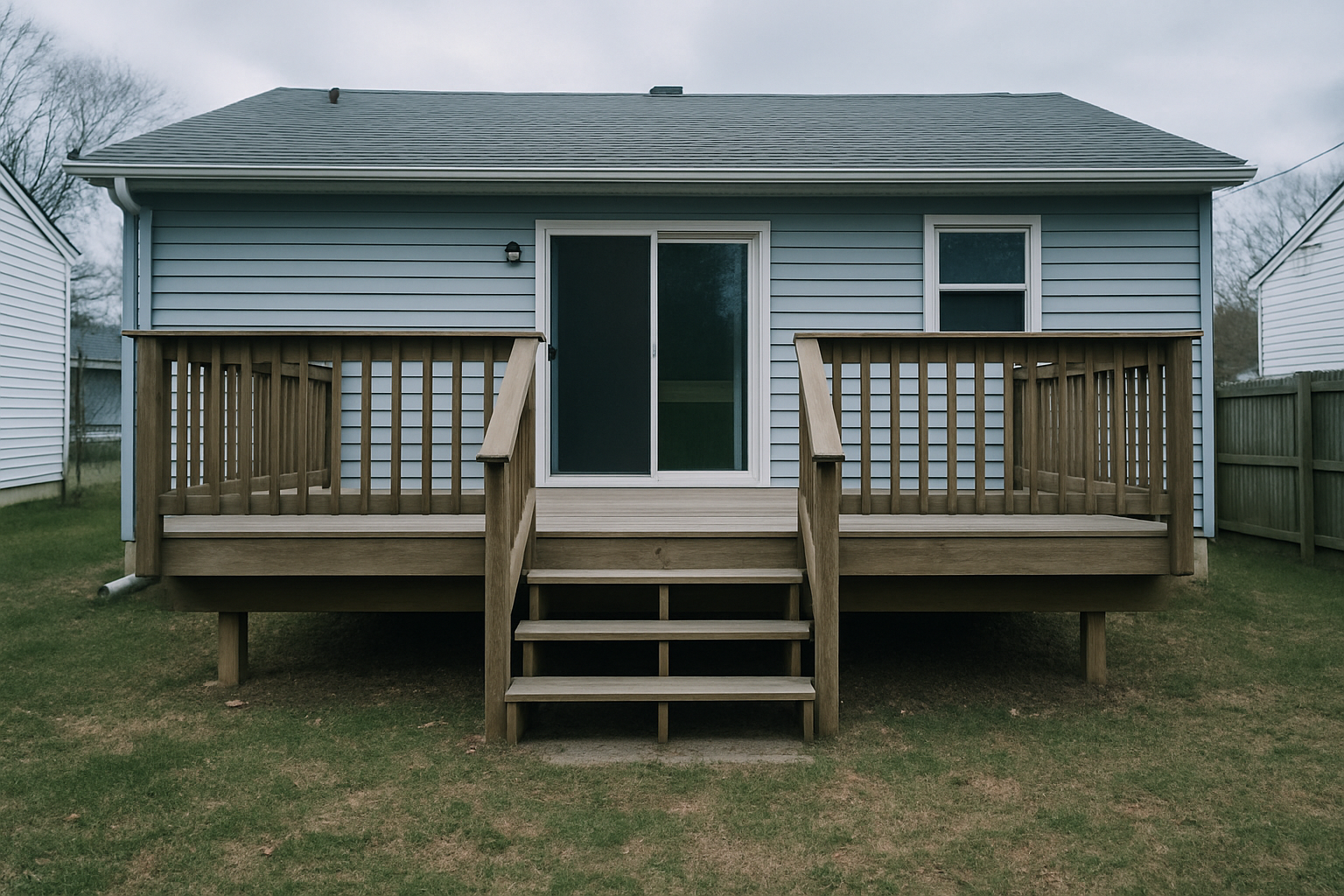 A wood deck attached to a house — the connection points and structural members are where failures happen.