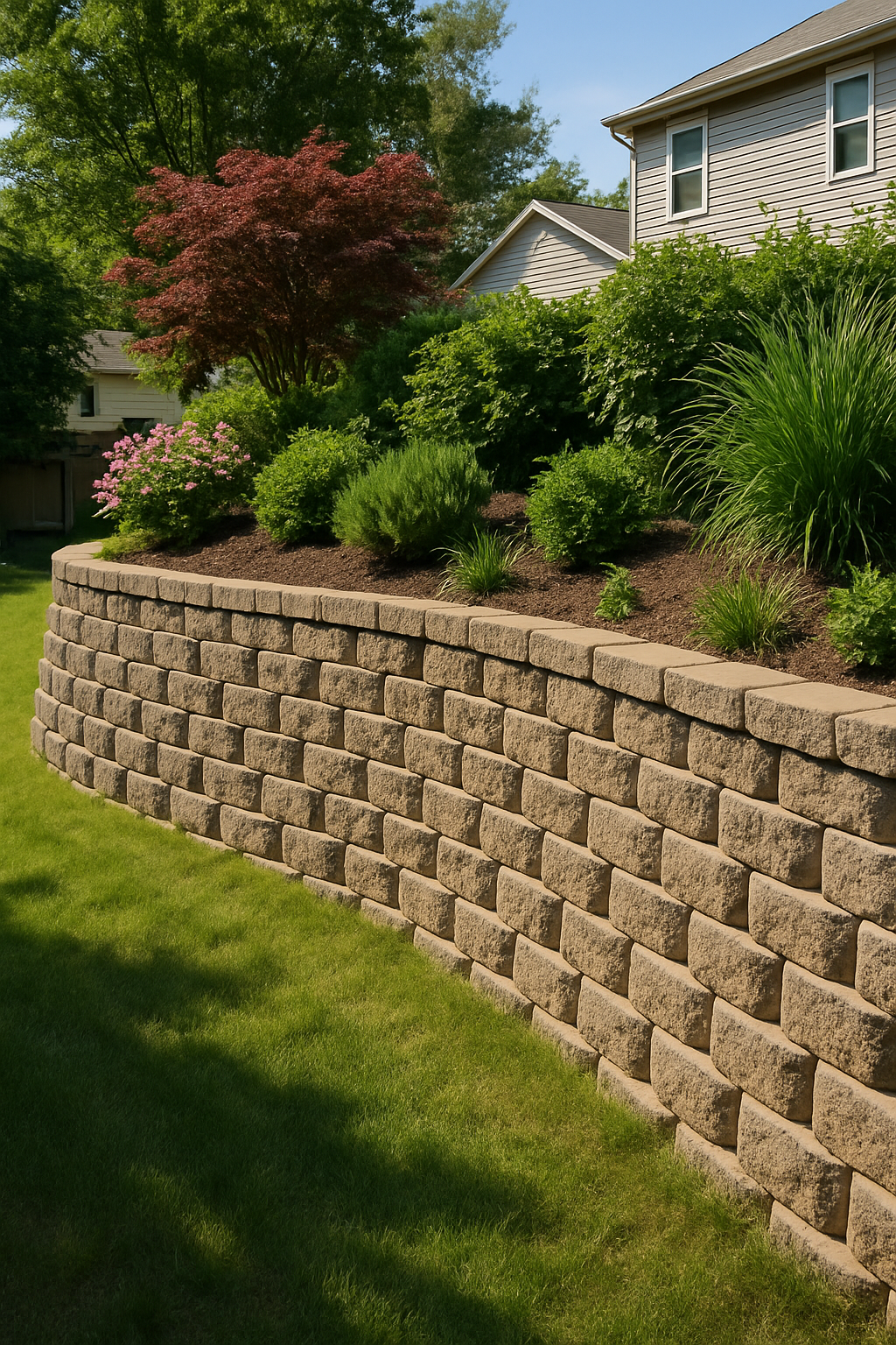 A residential retaining wall — some lean is normal by design, and most real failures trace back to drainage, not the wall material.