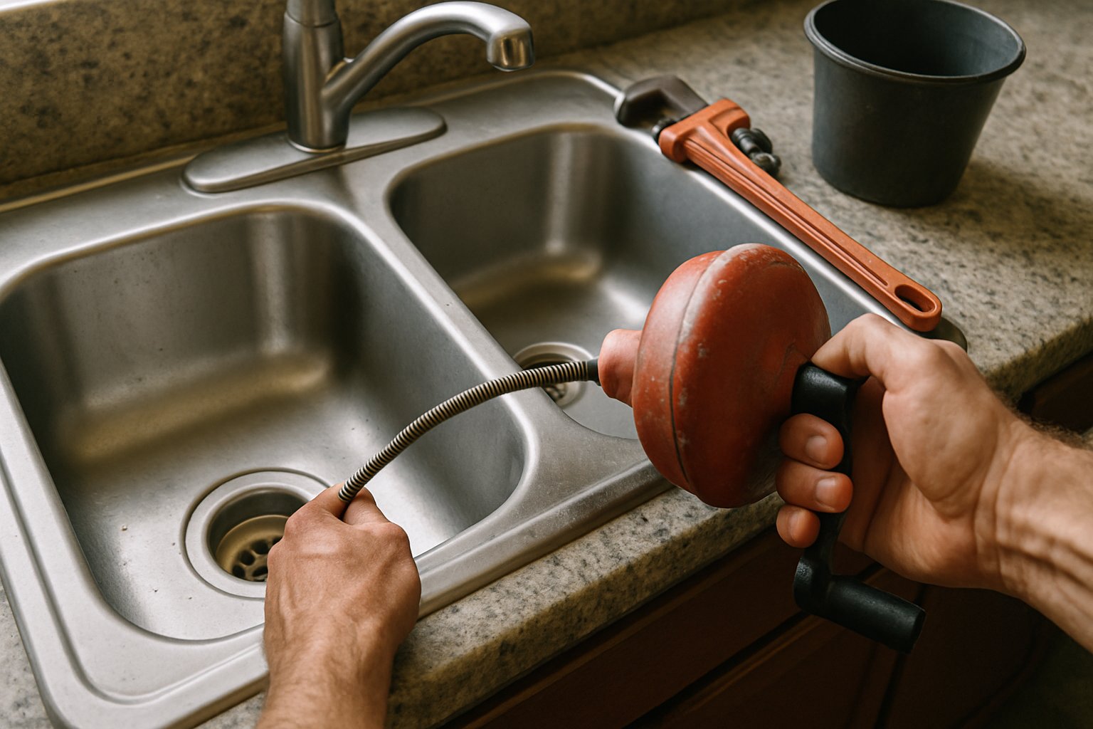 A plumber's auger in a stainless double kitchen sink with a wrench and bucket nearby.