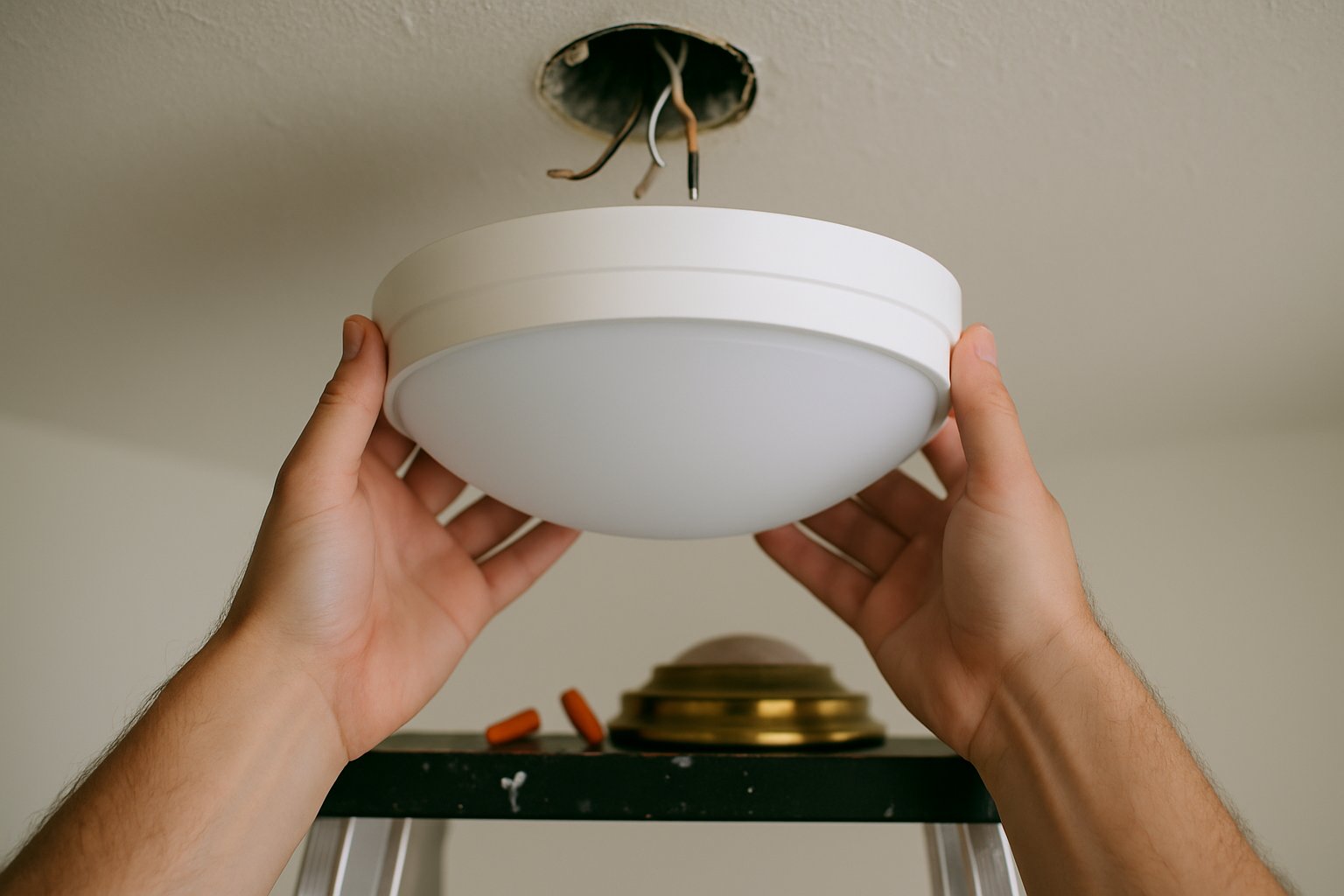 A new flush-mount ceiling light fixture being held up to an open electrical box with the old fixture on a step ladder.