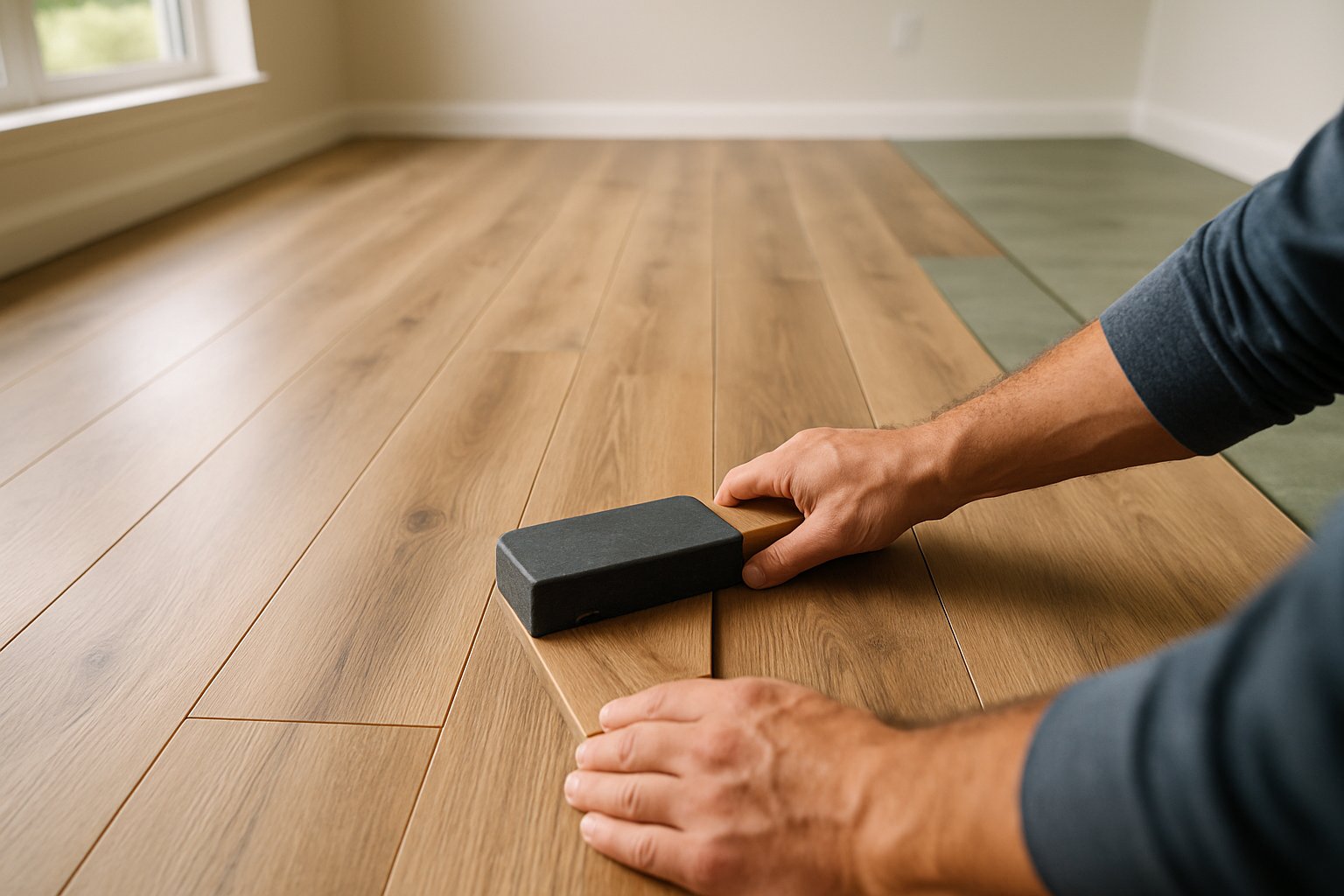 A homeowner snapping LVP planks together with a tapping block, showing installed planks and a staggered seam pattern.