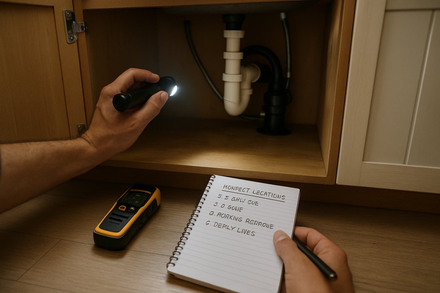 A homeowner with a flashlight investigating under a sink cabinet with a moisture meter and notepad.