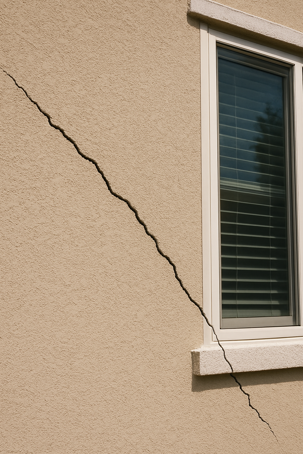 A stucco exterior wall with a crack near a window — most stucco cracks are normal surface movement, not a sign of failure.