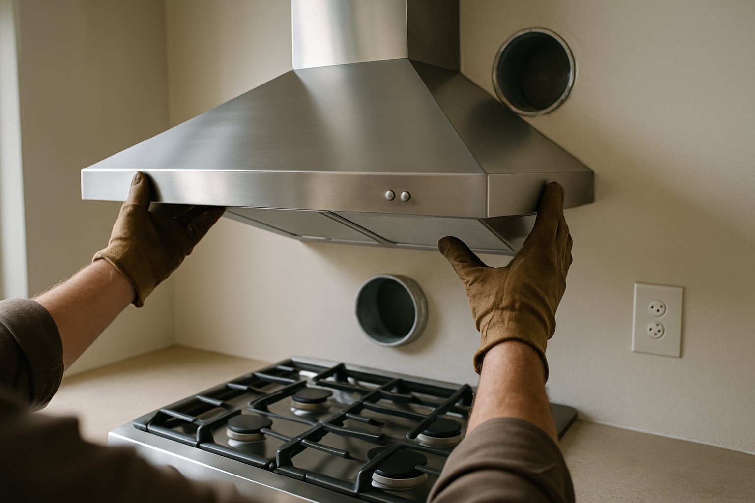 A new stainless steel range hood being mounted above a gas range, with ductwork connection visible behind.