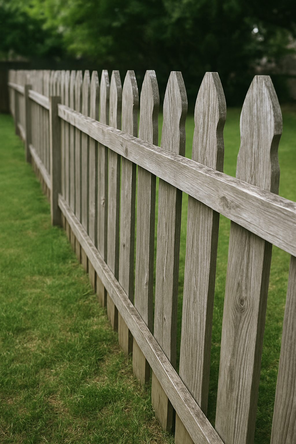 A weathered gray wood fence in a backyard — most fences just need refinishing, not a full rebuild.