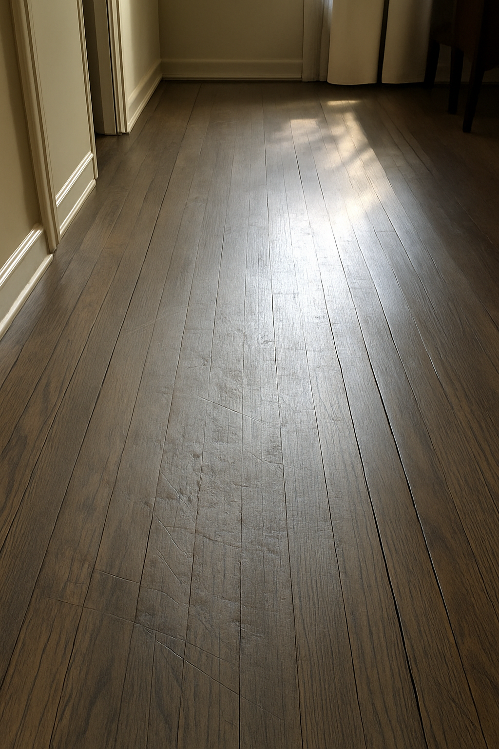 A worn, scratched hardwood floor — usually a candidate for refinishing rather than full replacement.