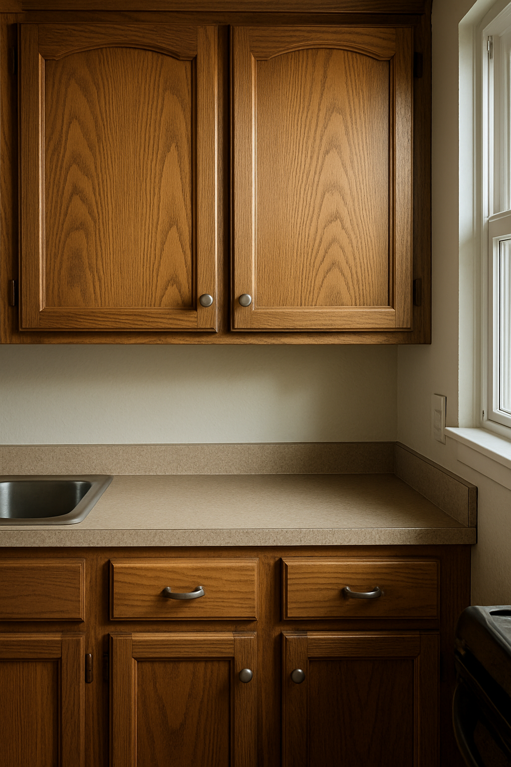 A worn but solid wood kitchen cabinet door — often a candidate for refinishing rather than full replacement.