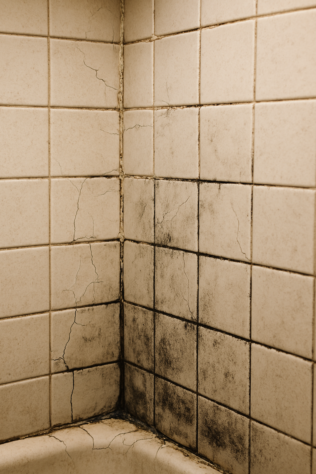 Cracked, moldy grout in a tile shower — usually a surface fix, unless water has already gotten behind the tile.