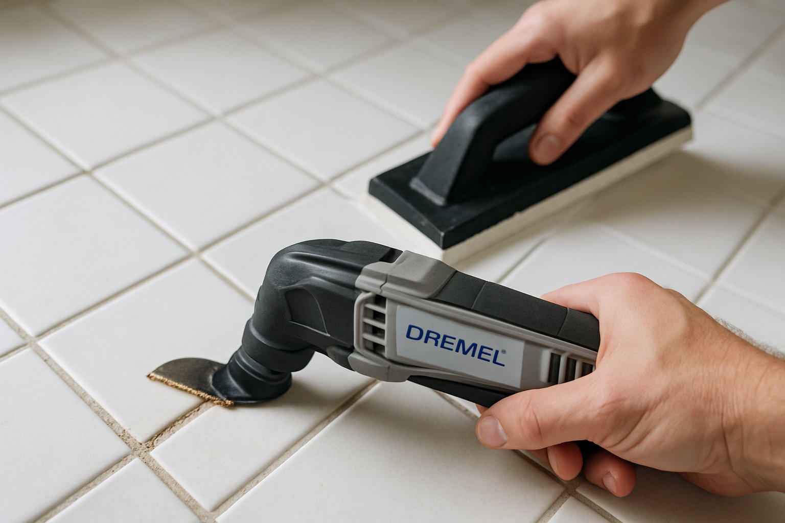 An oscillating tool removing old grout between tiles, with new grout being applied to one section with a rubber float.