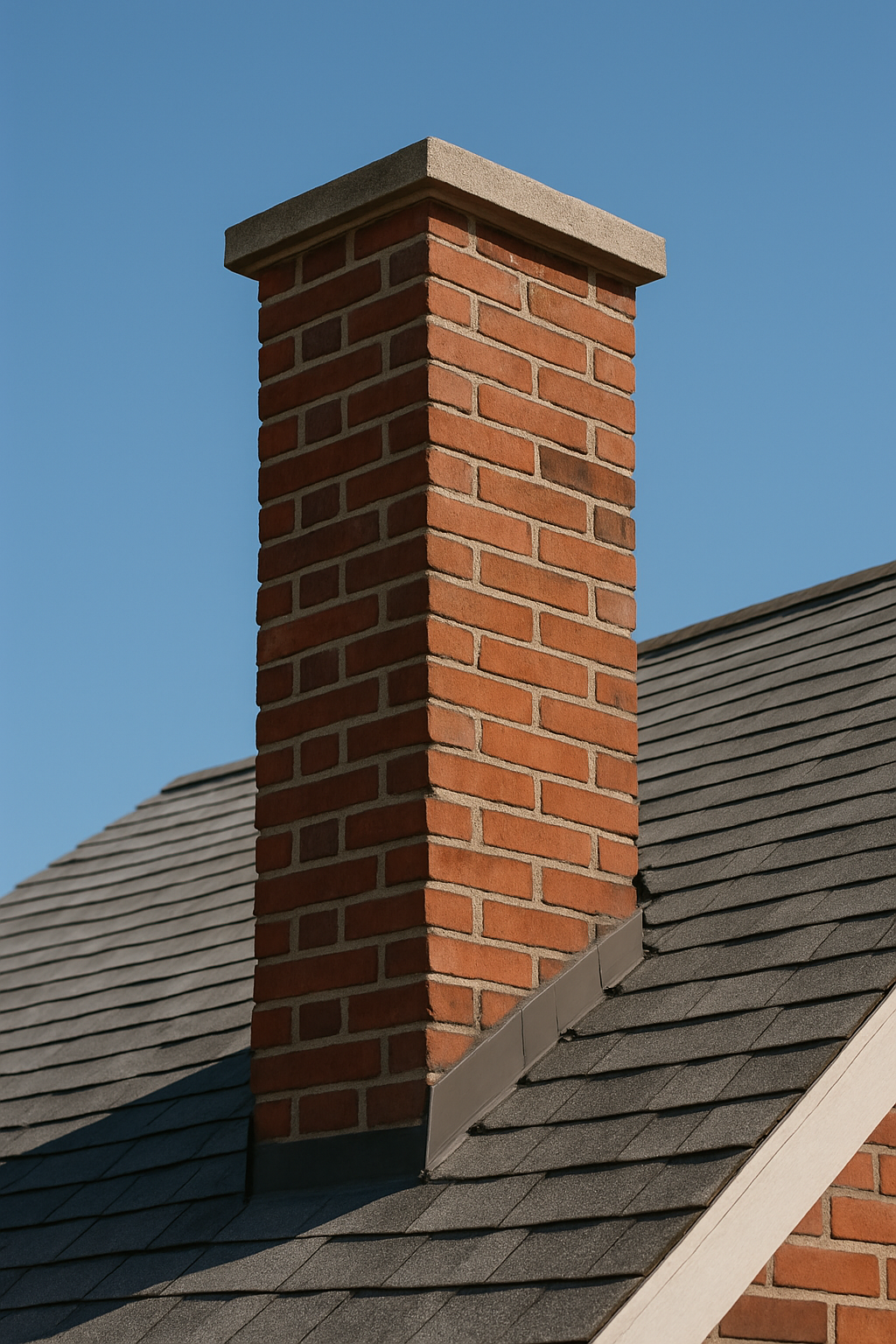 A brick residential chimney against a roofline — a cracked flue liner usually means relining, not a full chimney rebuild.