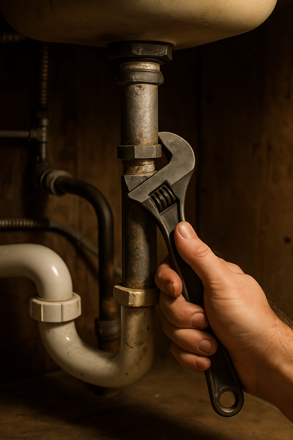 An old galvanized pipe under a sink — a single leak here doesn't always mean the whole house needs repiping.