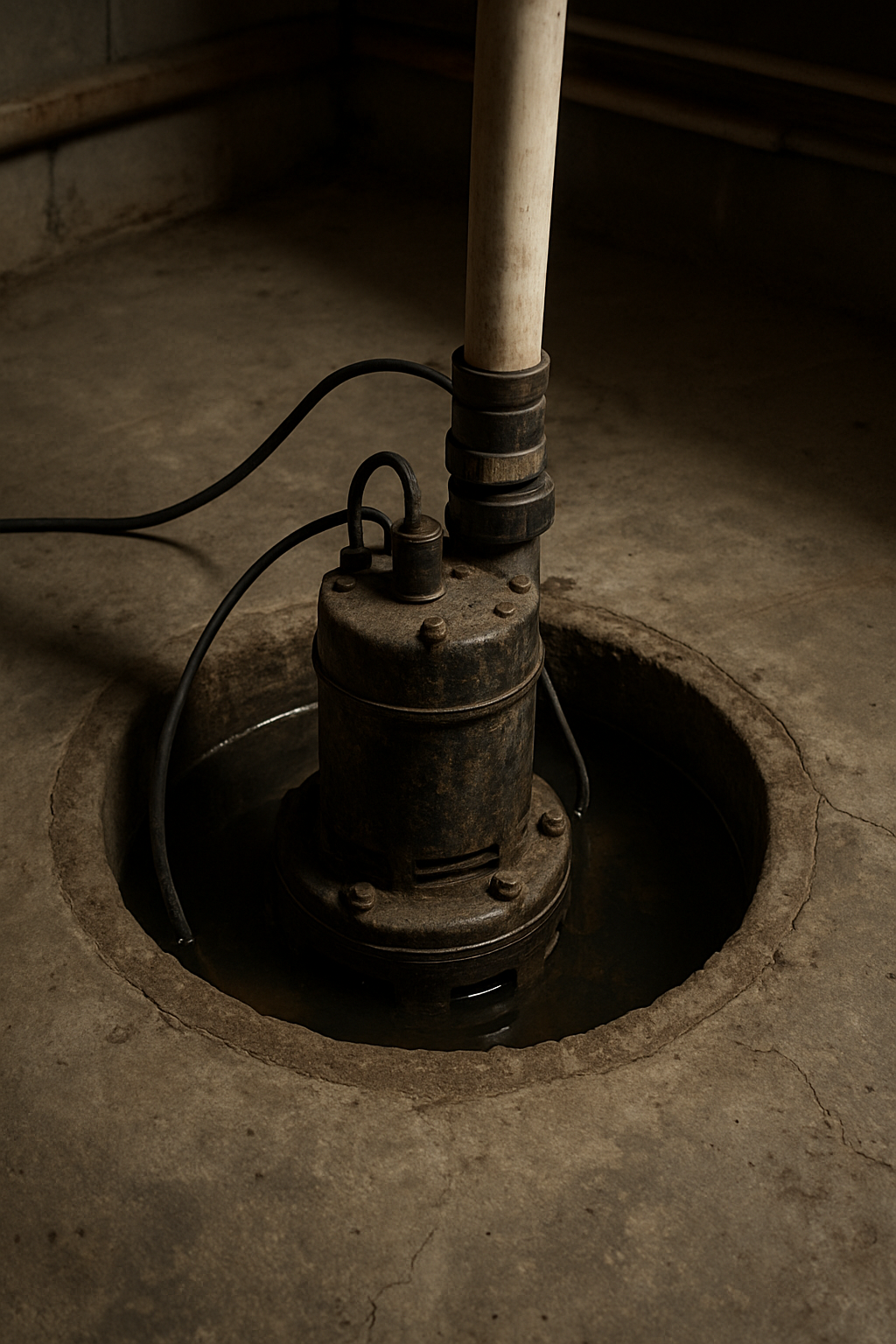 An older sump pump sitting in its pit — still running, but the question is whether it'll hold up during the storm that matters.