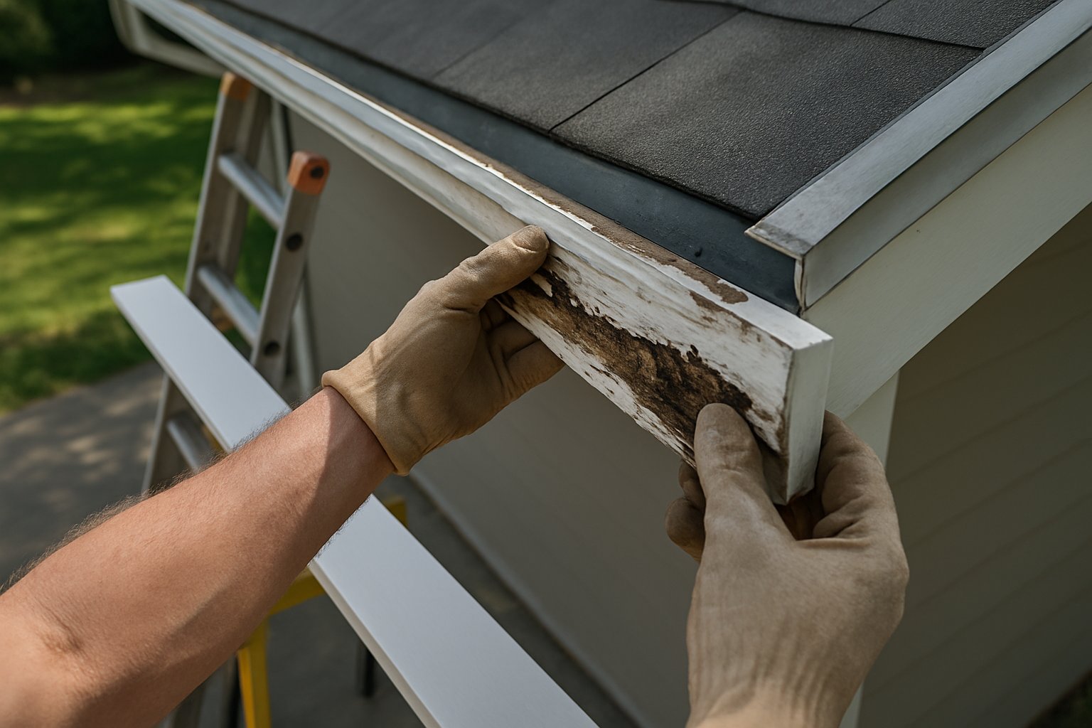 A rotted section of wood fascia being removed from beneath a roof's drip edge, with a new replacement board on a sawhorse.