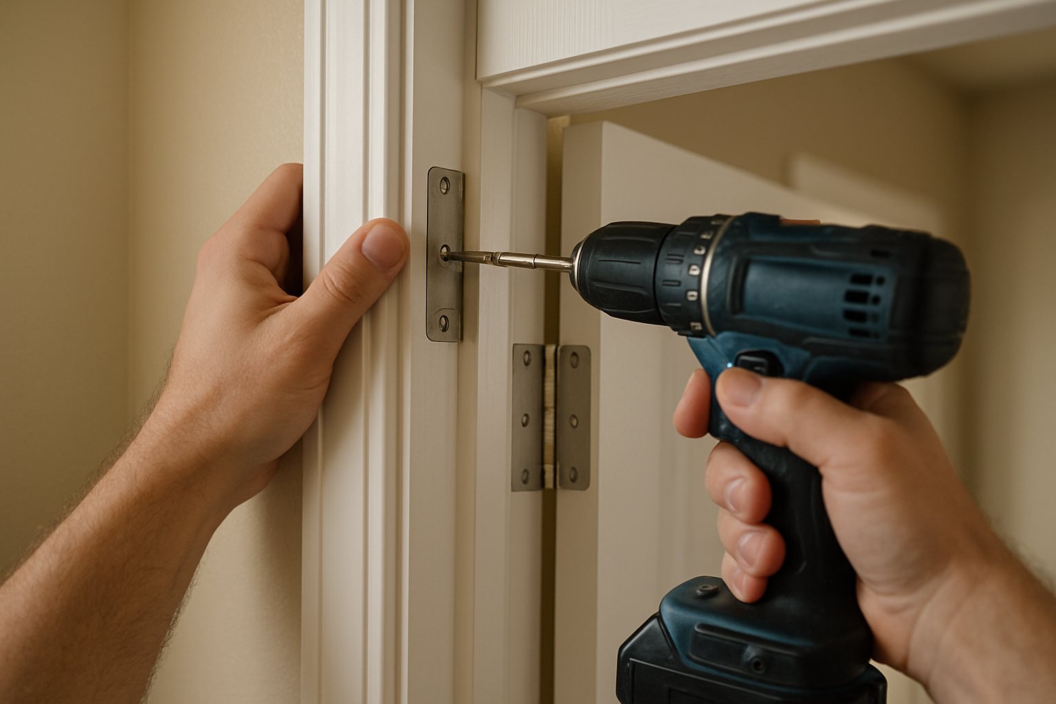A long screw being driven into a sagging interior door's top hinge to anchor it into the wall framing.