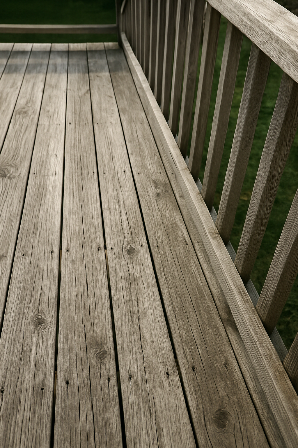 A weathered gray wood deck — usually a candidate for cleaning and refinishing rather than a full rebuild.