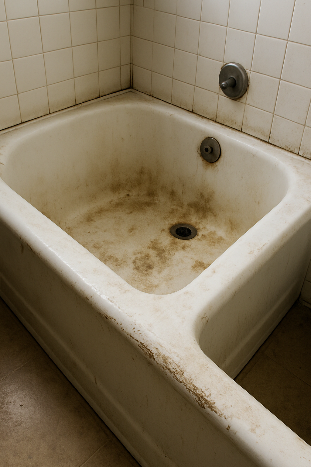 A dated, stained bathtub — often a good candidate for reglazing rather than full replacement, if the tub itself is sound.