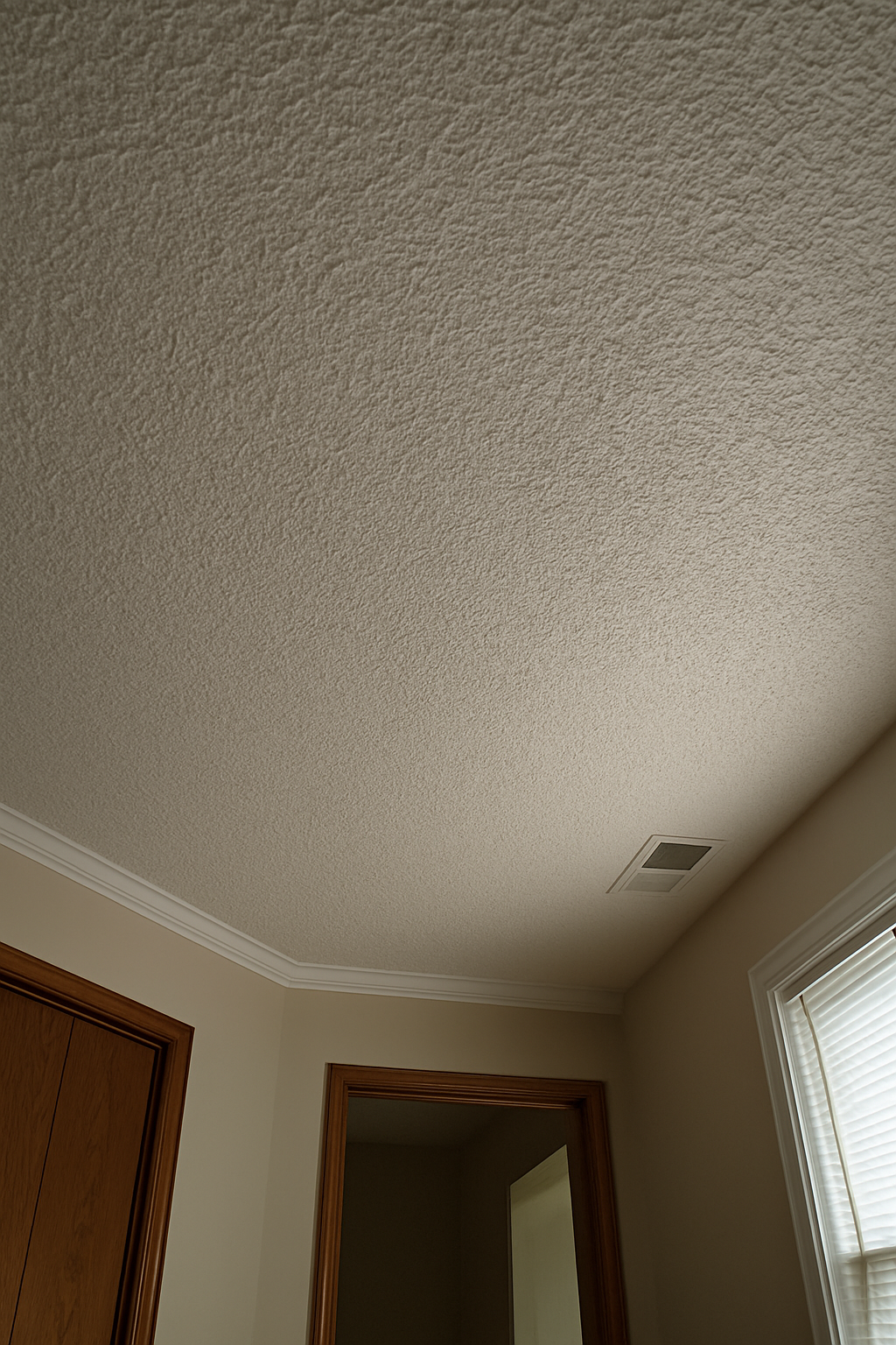 A white popcorn-textured ceiling — easy to hate, not always easy or safe to scrape off.