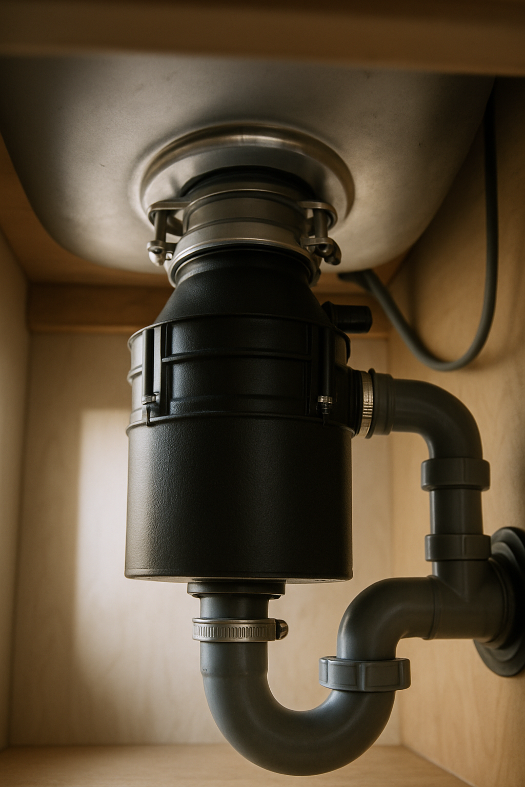 A garbage disposal unit mounted under a kitchen sink — most jams and hums are a quick fix, not a replacement.