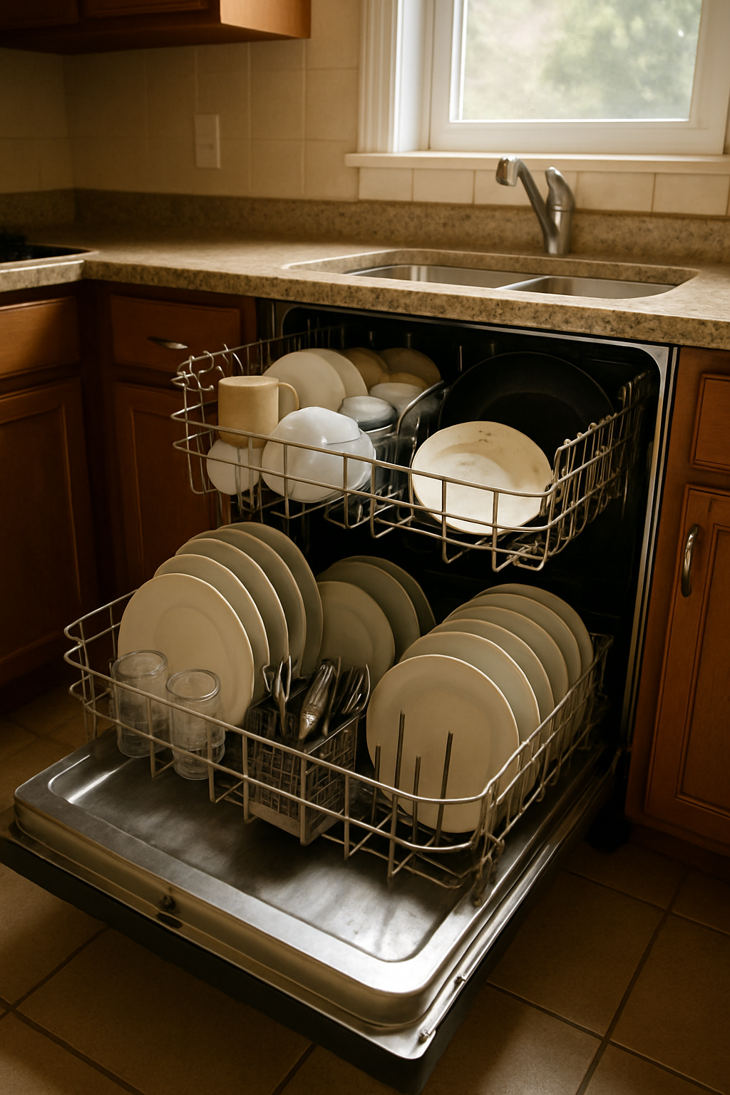 An open dishwasher with dishes in the rack — most 'dead dishwasher' complaints are actually a clogged filter or spray arm.