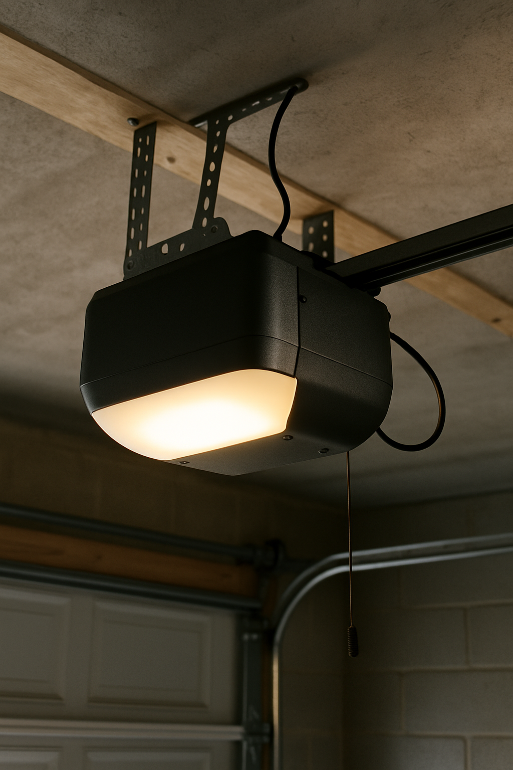 A residential garage door opener mounted on the ceiling — most 'broken opener' calls are actually a misaligned safety sensor.