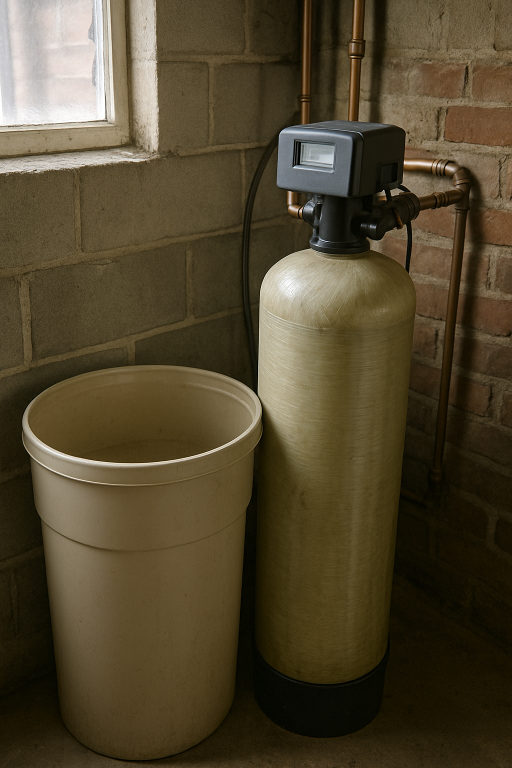 A residential water softener system in a basement utility room — most 'dead softener' calls are actually a hardened salt bridge in the brine tank.